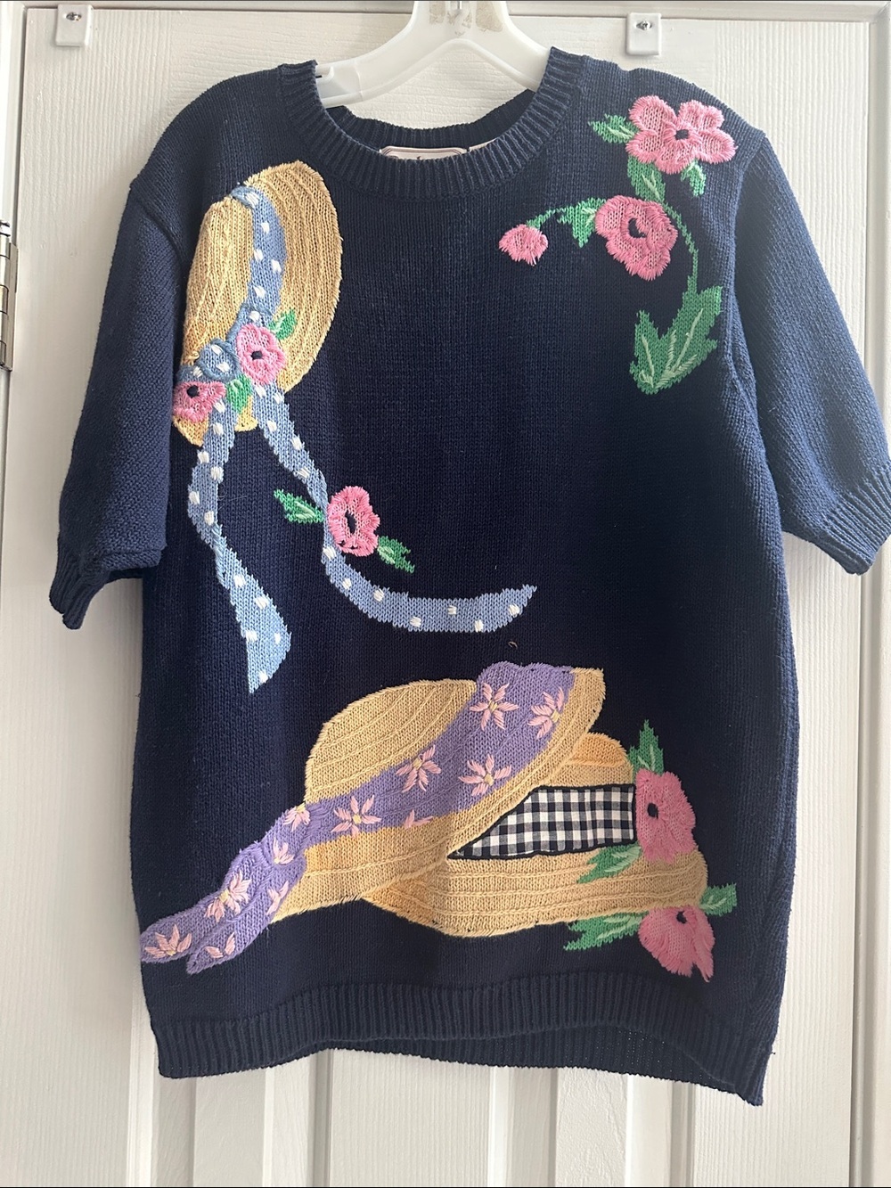 Vintage Bechamel Navy Knit Sweater Floral M Grandamacore Picnic Cottagecore